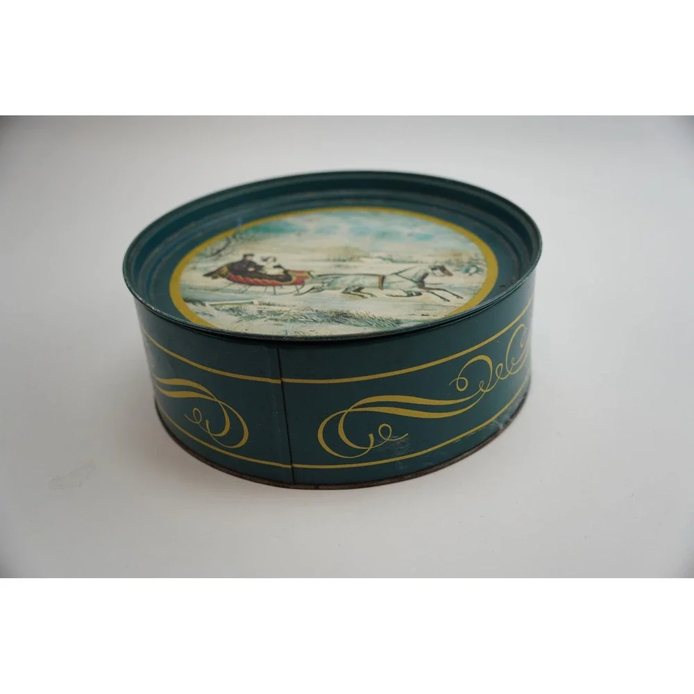Vtg Currier & Ives Tin The Road Winter Horse Drawn Sleigh Snow Christmas